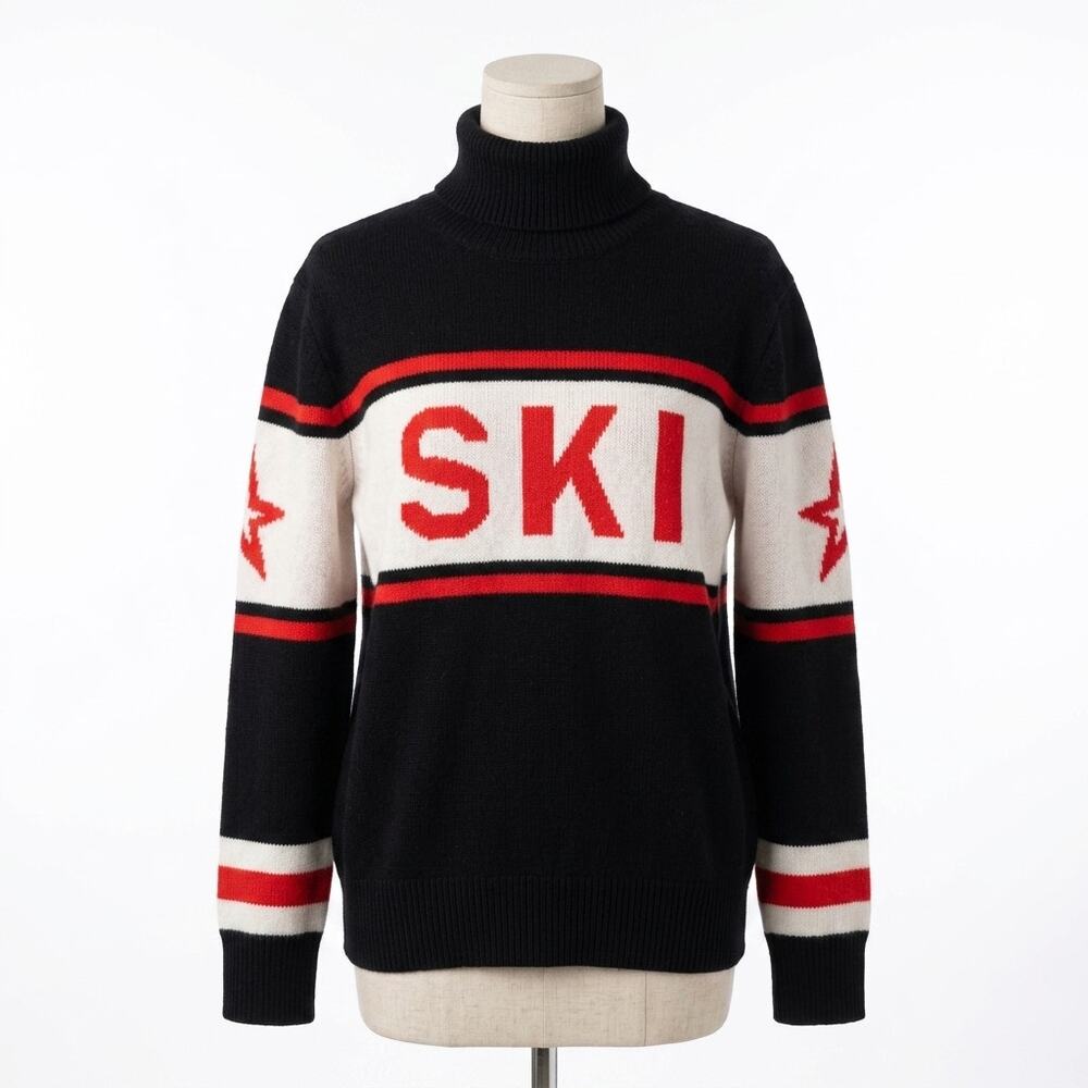 NWT CeCe Ski Turtleneck Sweater Black Red White Graphic Knit Apres Ski Women L